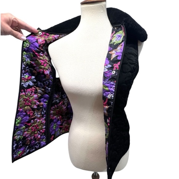Lilly Pulitzer Black Quilted Snap Front Plush Sherpa Collar Puffy Vest Medium - Picture 4 of 14